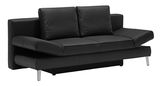 Schwarzes Querschläfer-Sofa in seitlicher Perspektive mit zwei Rückenkissen und modernen Metallfüßen.