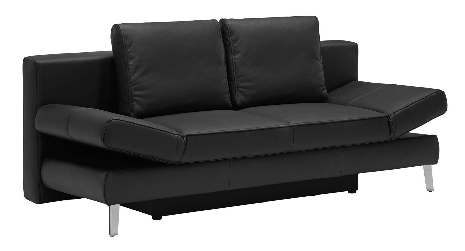 Schwarzes Querschläfer-Sofa in seitlicher Perspektive mit zwei Rückenkissen und modernen Metallfüßen.