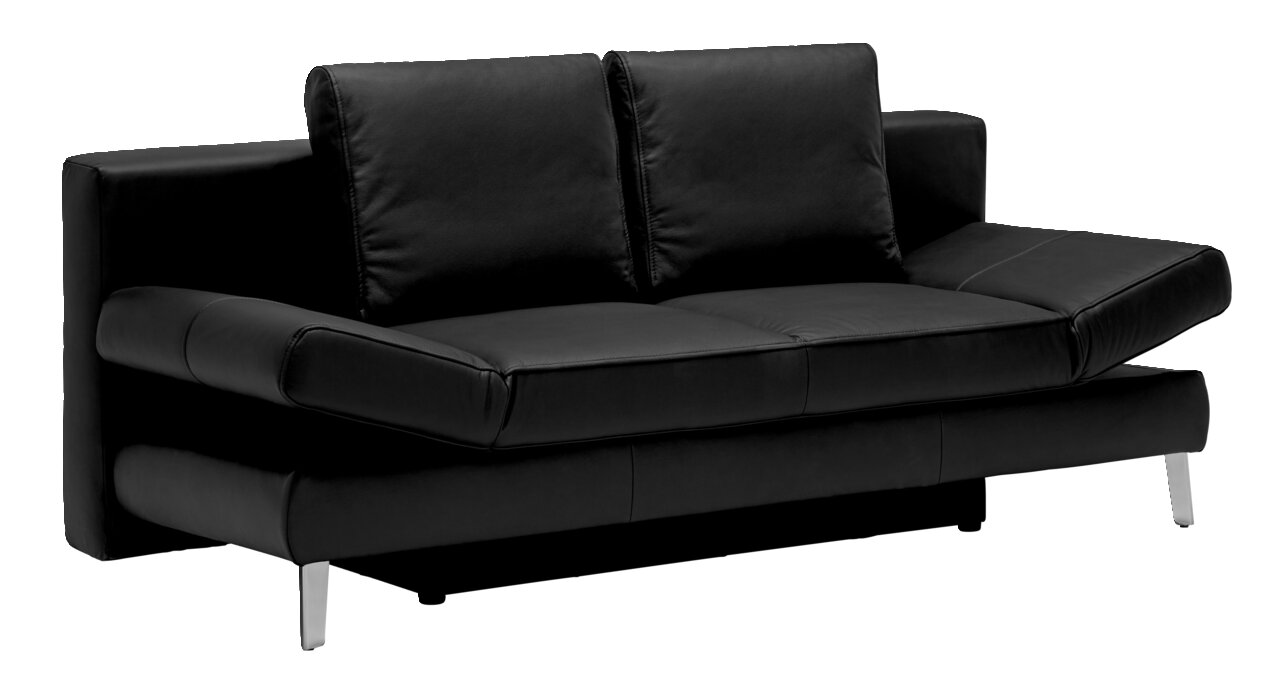 Schwarzes Querschläfer-Sofa in seitlicher Perspektive mit zwei Rückenkissen und modernen Metallfüßen.