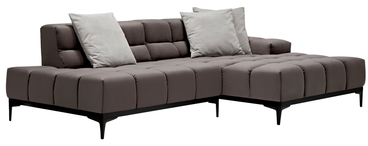 Graue Longchairkombination mit zwei hellen Kissen, seitliche Perspektive