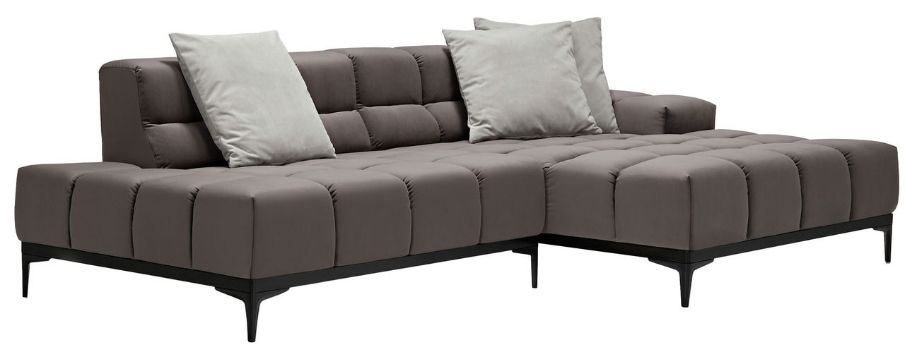 Graue Longchairkombination mit zwei hellen Kissen, seitliche Perspektive