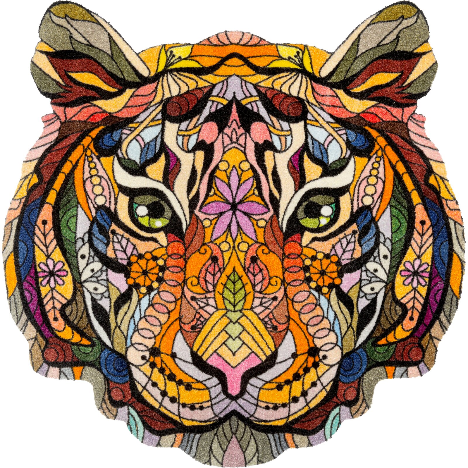 Bunte, kunstvolle Darstellung eines Tigerkopfes in Frontalansicht mit floralen und geometrischen Mustern.
