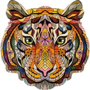 Bunte, kunstvolle Darstellung eines Tigerkopfes in Frontalansicht mit floralen und geometrischen Mustern.