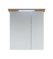 Moderner Spiegelschrank mit Holzleiste und integrierter Beleuchtung, Frontalansicht