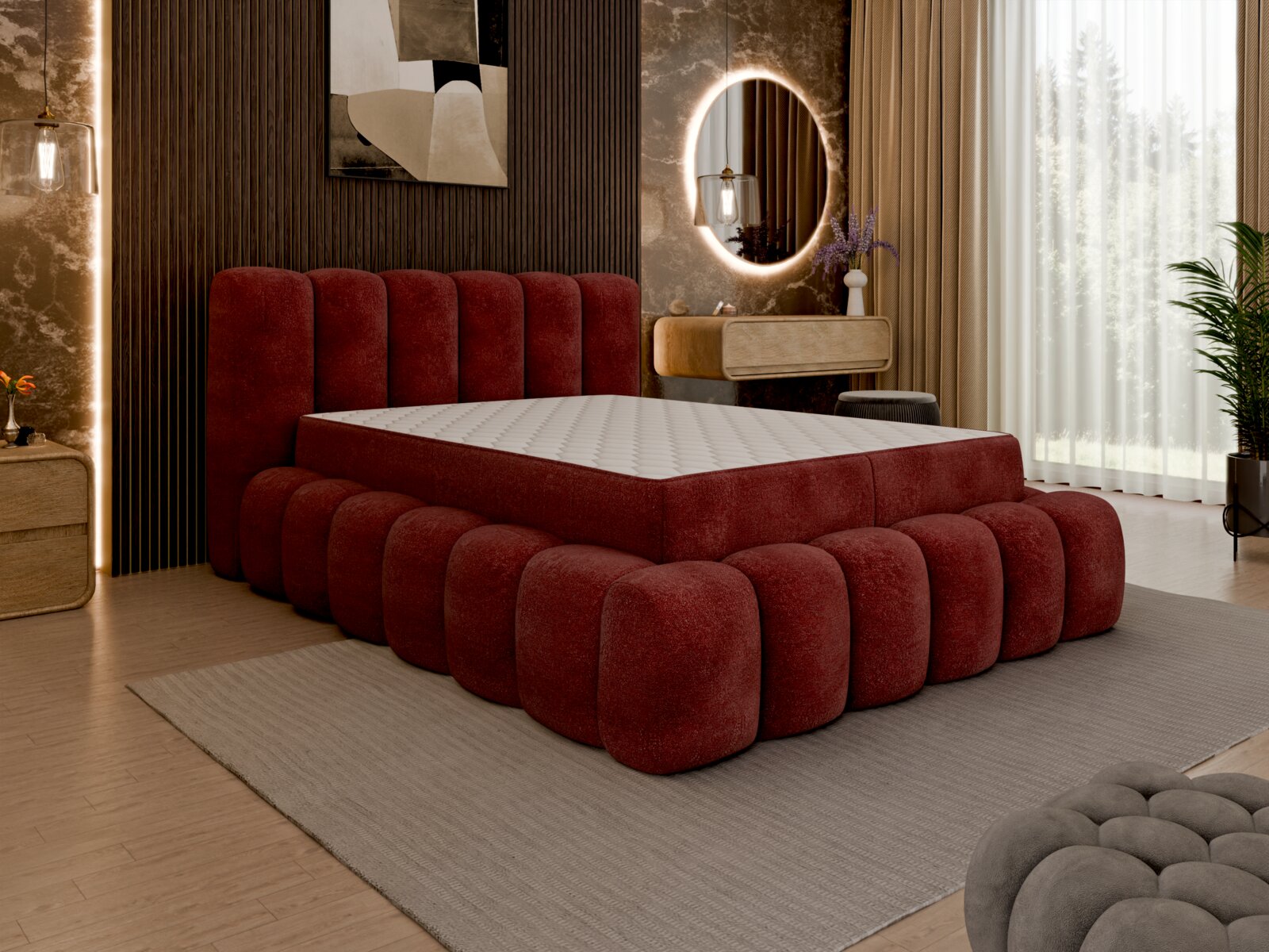 Luxe gestoffeerd bed in rood met een gestoffeerd hoofdeinde en een modern ontwerp, zijaanzicht in een stijlvol ingerichte slaapkamer.