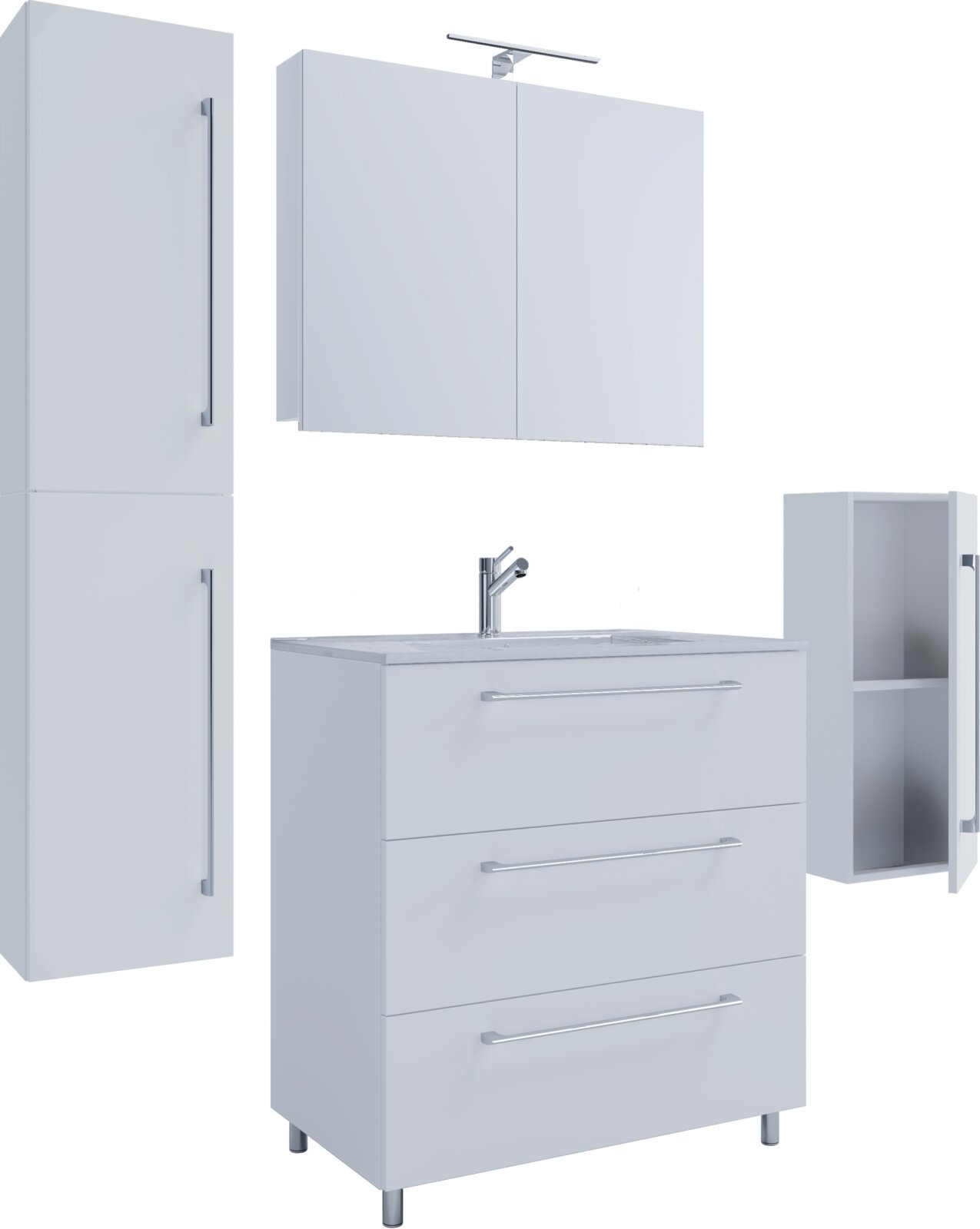 Weißes Badmöbel-Set mit Waschtischunterschrank (3 Schubladen), Spiegelschrank mit Aufsatzleuchte sowie Hoch- und Hängeschrank mit Chromgriffen, dargestellt in frontaler Ansicht mit leichter Schrägperspektive