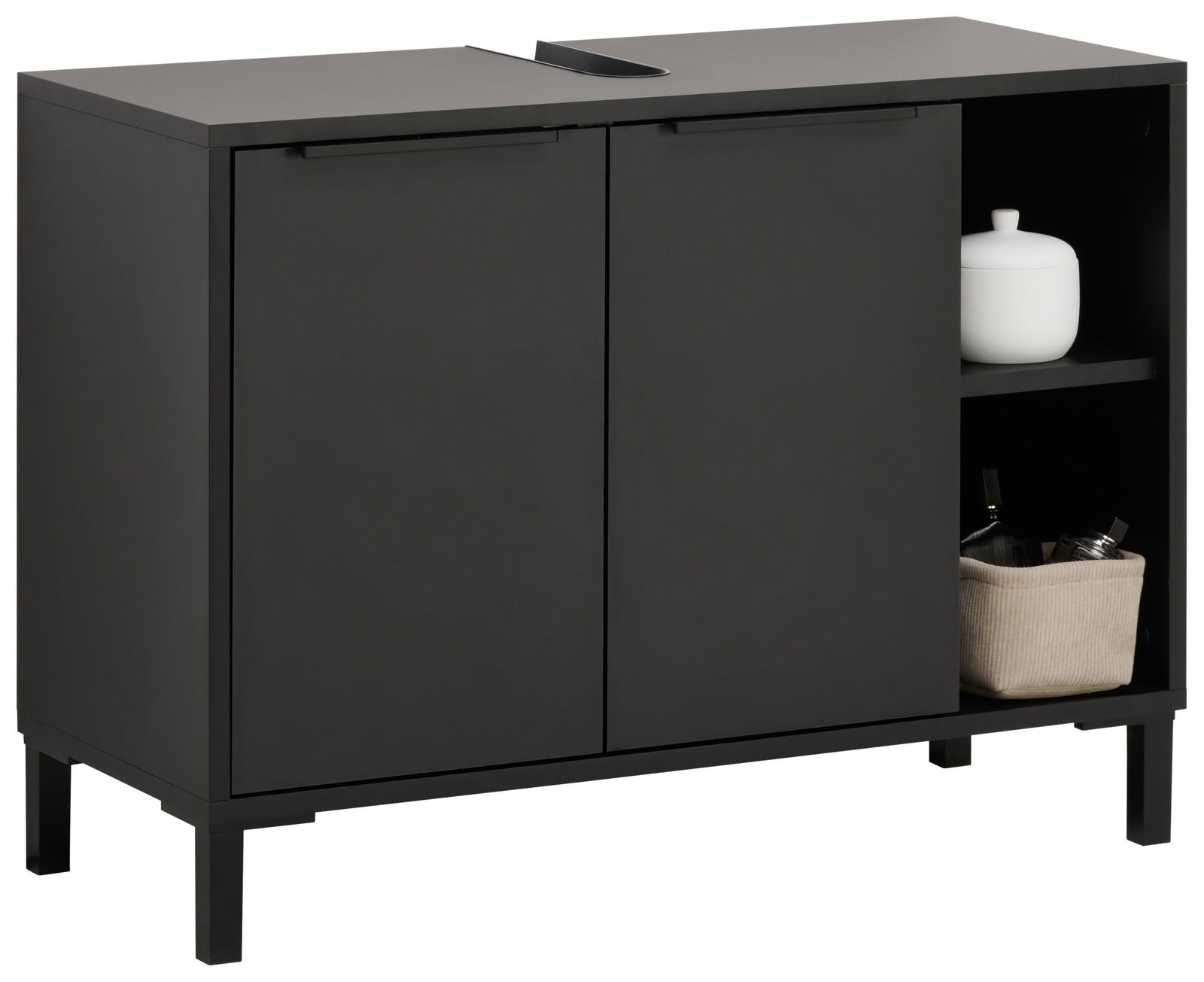 Stylife Waschbeckenunterschrank INOVA Moderner schwarzer Waschbeckenunterschrank mit zwei Türen und offenem Regal, seitliche Perspektive