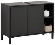 Moderner schwarzer Waschbeckenunterschrank mit zwei Türen und offenem Regal, seitliche Perspektive