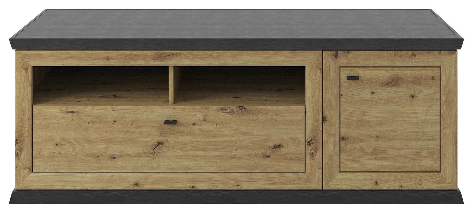Frontansicht eines TV-Lowboards aus Holz mit dunkler Oberseite, einer Schublade, einem offenen Fach und einer Tür.