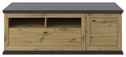 Frontansicht eines TV-Lowboards aus Holz mit dunkler Oberseite, einer Schublade, einem offenen Fach und einer Tür.