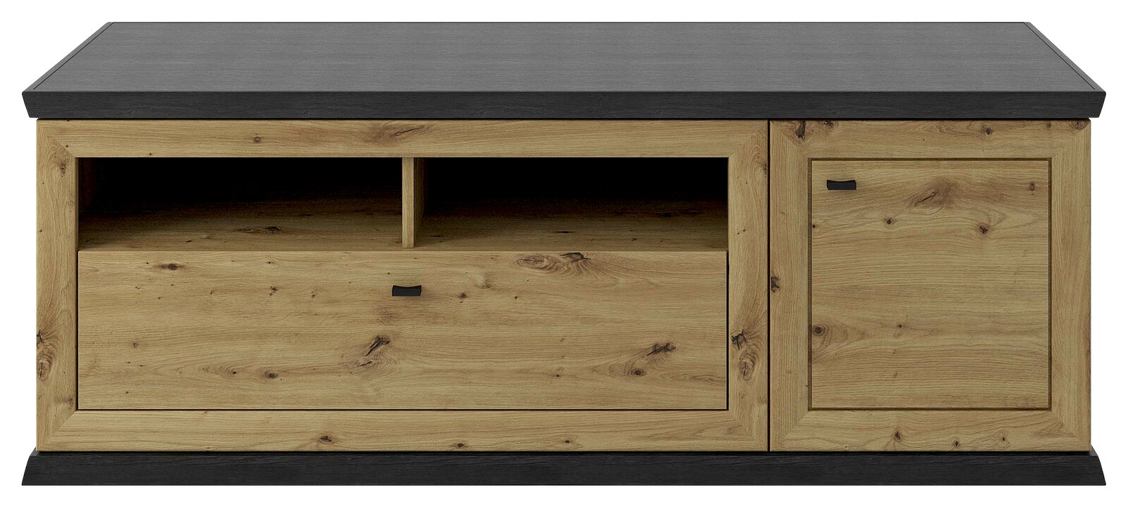 Frontansicht eines TV-Lowboards aus Holz mit dunkler Oberseite, einer Schublade, einem offenen Fach und einer Tür.