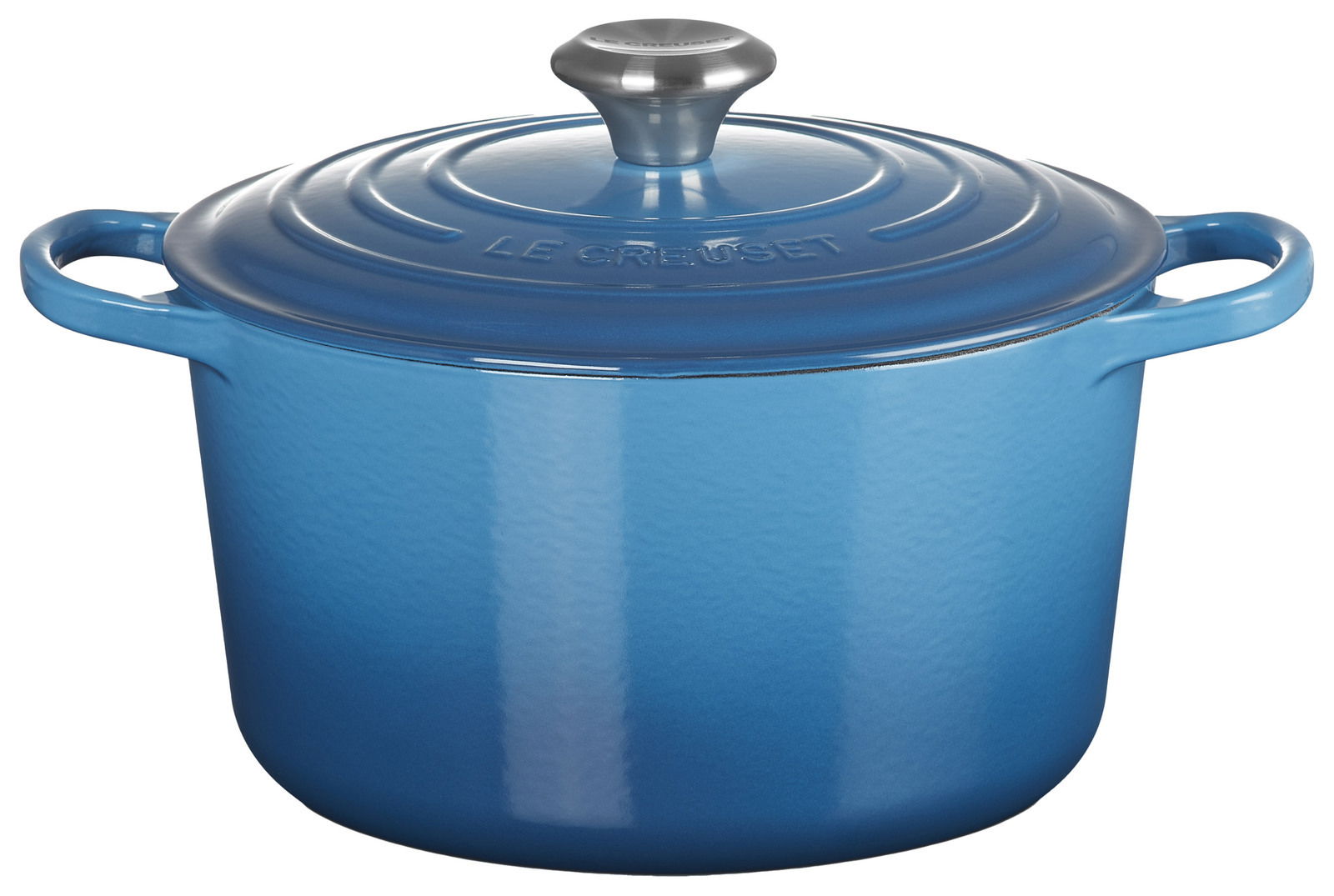 Blauer Bräter mit Deckel und Griffen, seitliche Perspektive