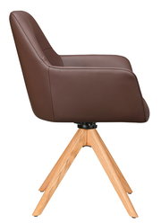 Seitenansicht eines braunen Armlehnstuhls mit Holzbeinen.