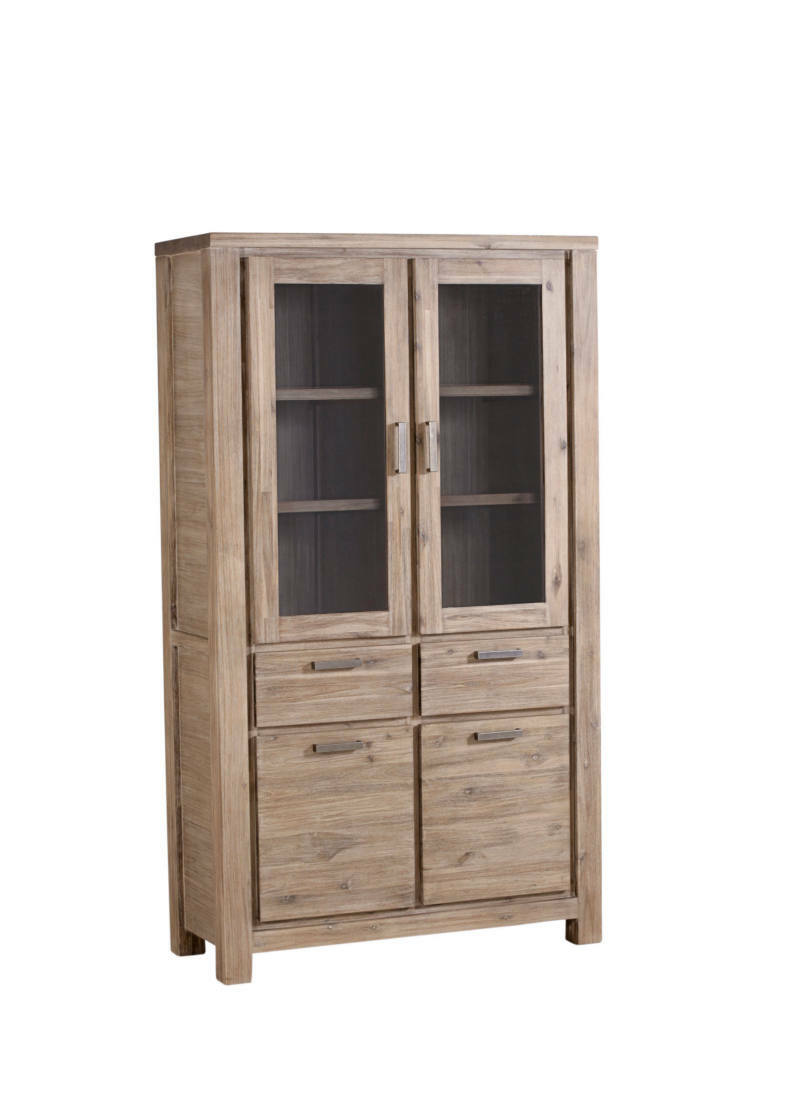 Holzvitrine mit Glastüren und Schubladen, seitliche Perspektive