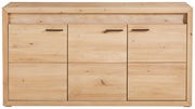 Frontansicht eines modernen Highboards aus hellem Holz mit drei Türen und minimalistischen Griffen.