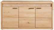 Frontansicht eines modernen Highboards aus hellem Holz mit drei Türen und minimalistischen Griffen.