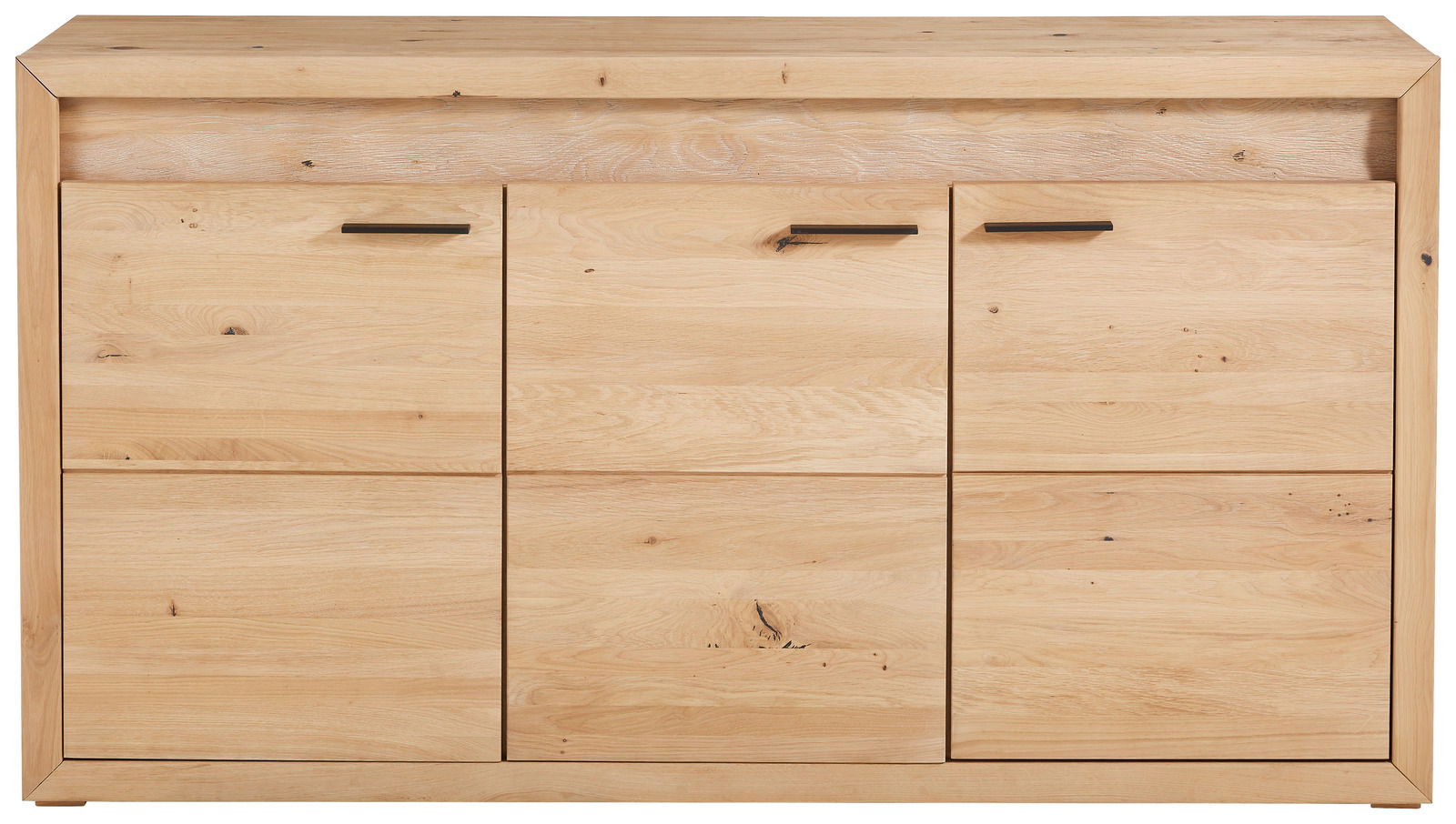 Frontansicht eines modernen Highboards aus hellem Holz mit drei Türen und minimalistischen Griffen.