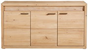 Frontansicht eines modernen Highboards aus hellem Holz mit drei Türen und minimalistischen Griffen.
