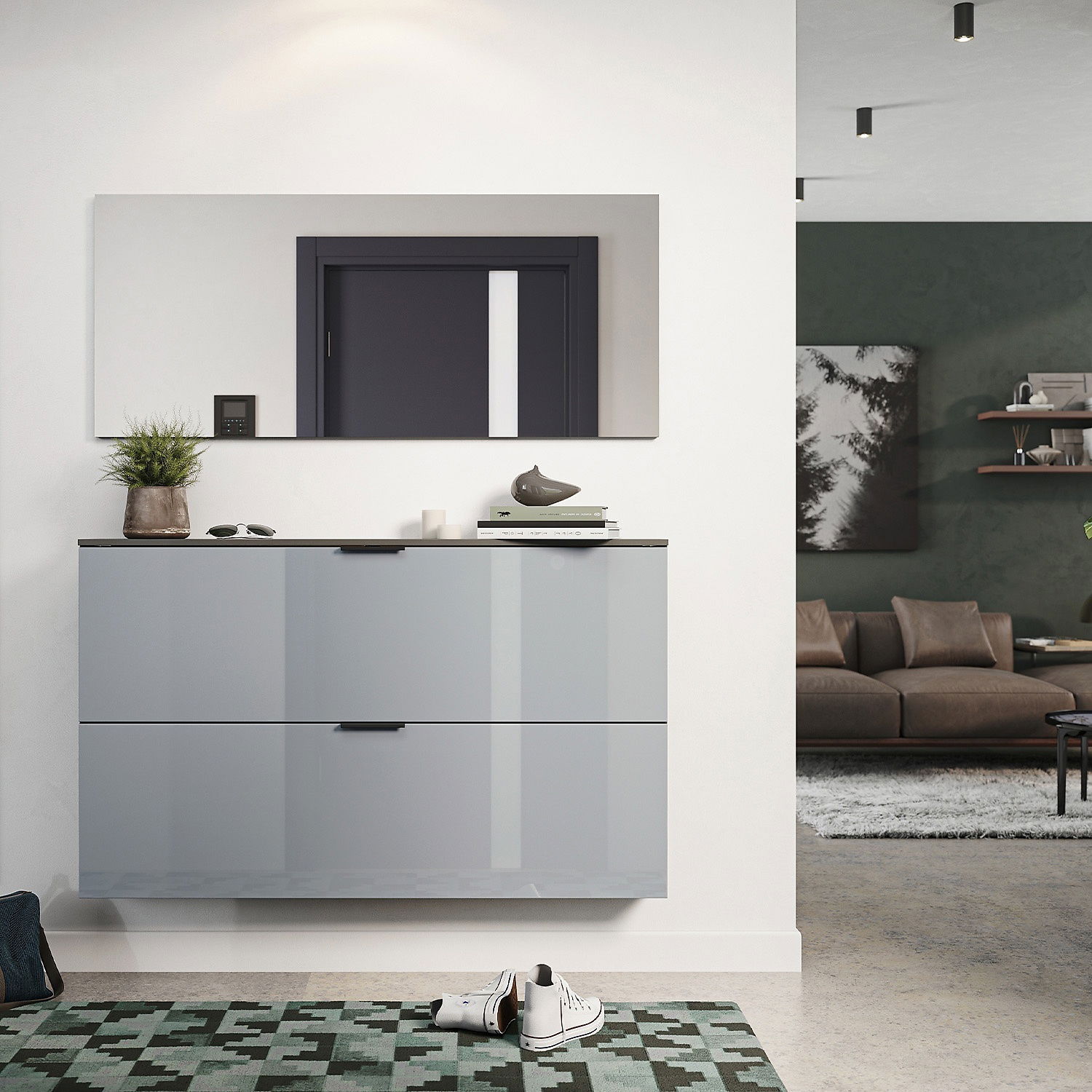 Moderner Schuhschrank in Hochglanzoptik, an der Wand montiert, mit zwei Schubladen, dekoriert mit Pflanzen und Büchern, in einem stilvollen Wohnzimmer mit Teppich und Sofa im Hintergrund. Perspektive: Frontalansicht.