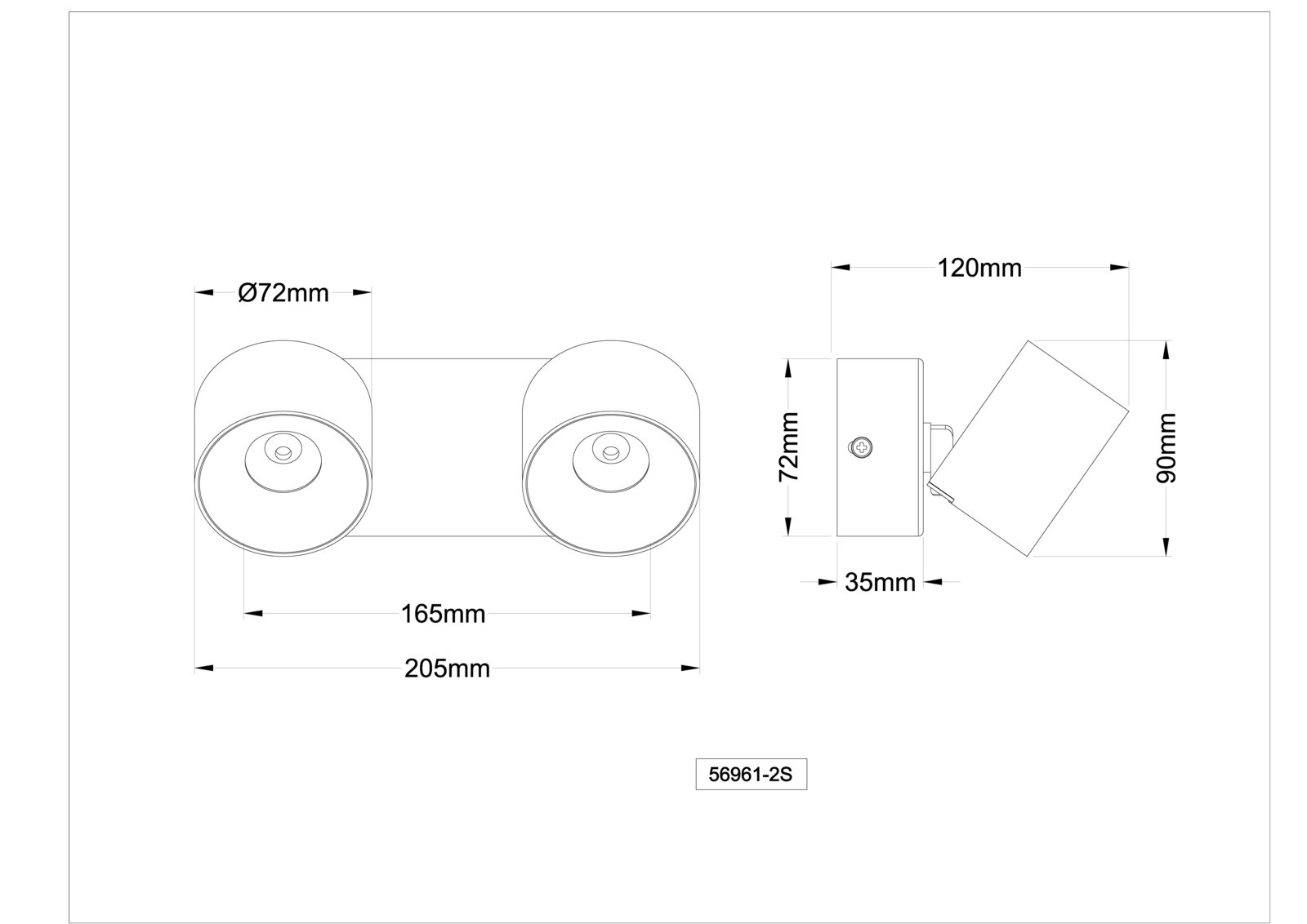 Technische Maßzeichnung eines zweiflammigen Wand-Spotstrahlers (Modell 56961-2S) mit zwei runden Leuchtenköpfen, Vorder- und Seitenansicht mit Bemaßung (Ø 72 mm, Breite 205 mm, Kopfabstand 165 mm, Ausladung 120 mm, Höhe 90 mm, Wandplatte 72 x 35 mm), Pers