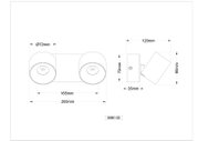 Technische Maßzeichnung eines zweiflammigen Wand-Spotstrahlers (Modell 56961-2S) mit zwei runden Leuchtenköpfen, Vorder- und Seitenansicht mit Bemaßung (Ø 72 mm, Breite 205 mm, Kopfabstand 165 mm, Ausladung 120 mm, Höhe 90 mm, Wandplatte 72 x 35 mm), Pers