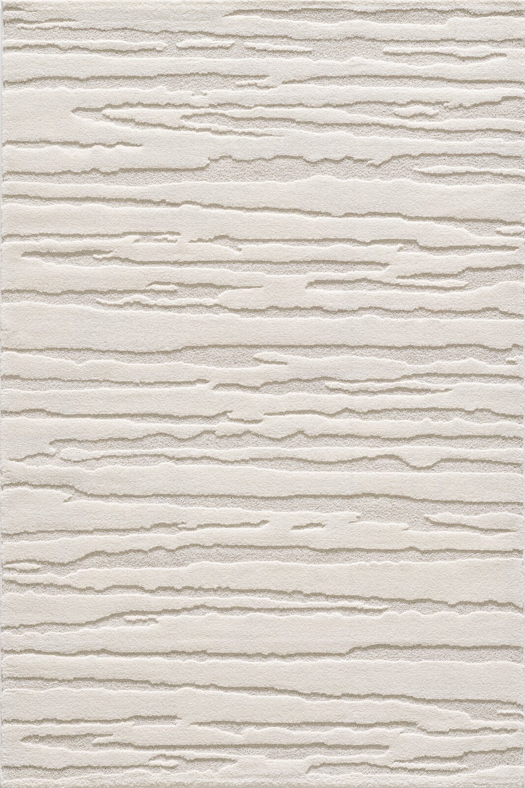 Beiger Teppich mit horizontaler, reliefartiger Struktur und dezentem Streifenmuster, Draufsicht von oben (Top-Down).