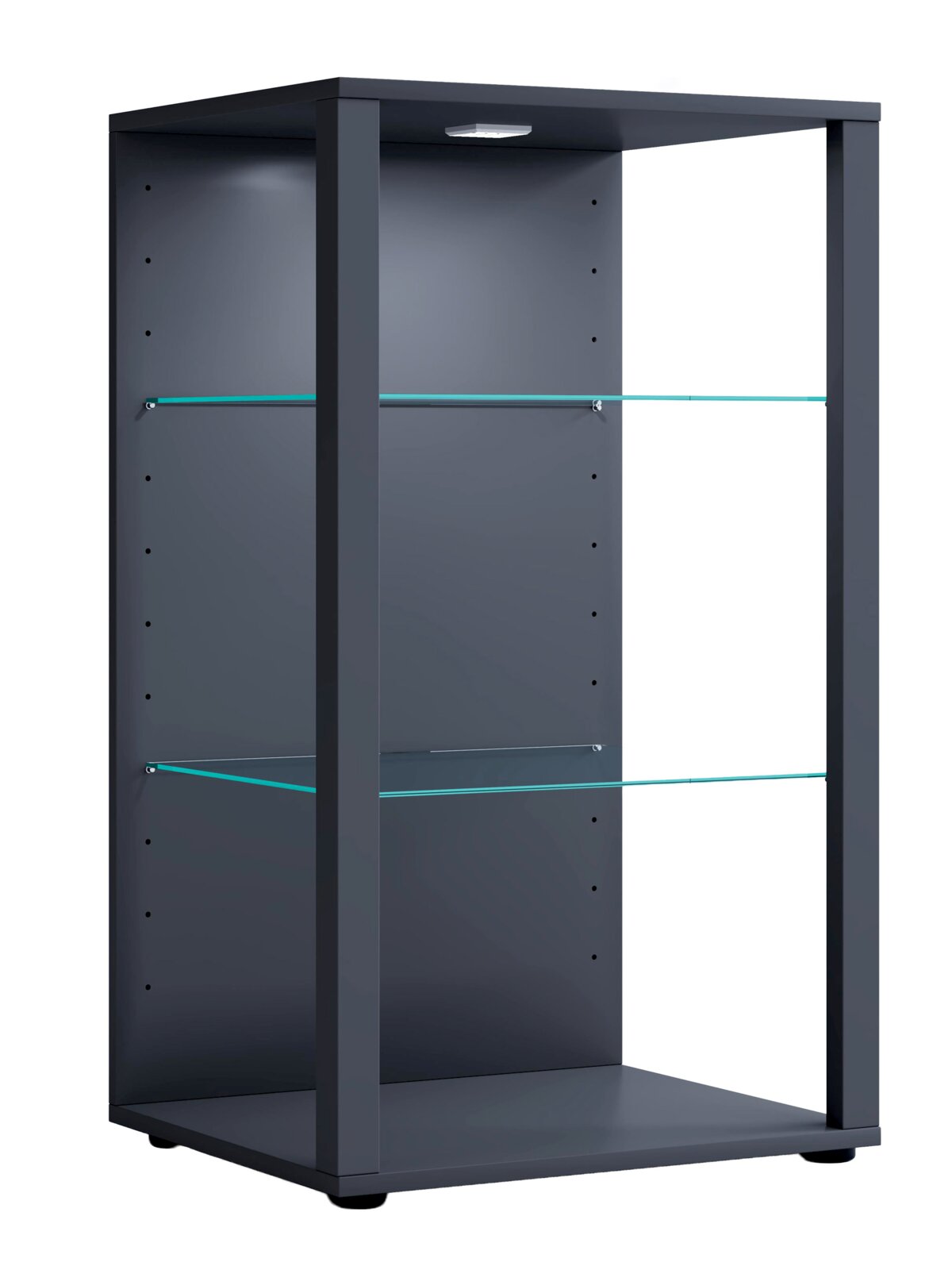 Anthrazitfarbene Vitrine mit zwei Glasböden und integrierter Deckenleuchte, in perspektivischer Vorderansicht von rechts dargestellt