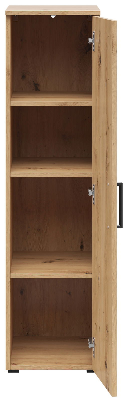 Mehrzweckschrank aus Holz mit geöffneter Tür, drei Regalböden sichtbar, Frontalansicht