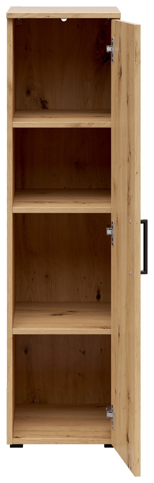 Mehrzweckschrank aus Holz mit geöffneter Tür, drei Regalböden sichtbar, Frontalansicht