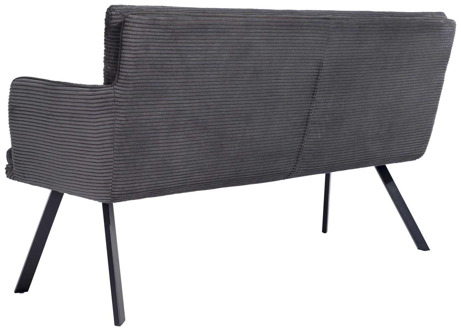 Rückansicht einer modernen, grauen Sitzbank mit geripptem Stoffbezug und schwarzen Metallbeinen.