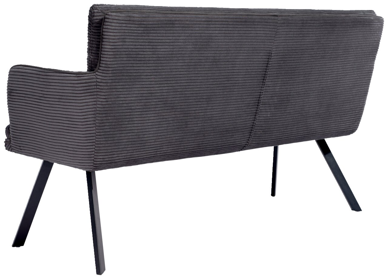 Rückansicht einer modernen, grauen Sitzbank mit geripptem Stoffbezug und schwarzen Metallbeinen.
