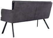 Rückansicht einer modernen, grauen Sitzbank mit geripptem Stoffbezug und schwarzen Metallbeinen.