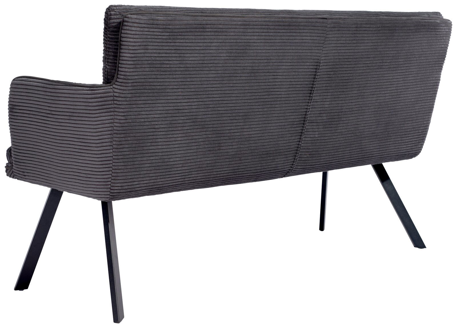 Rückansicht einer modernen, grauen Sitzbank mit geripptem Stoffbezug und schwarzen Metallbeinen.