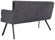Rückansicht einer modernen, grauen Sitzbank mit geripptem Stoffbezug und schwarzen Metallbeinen.