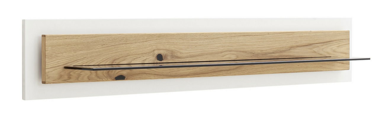 Wandboard aus Holz mit Glasablage, seitliche Perspektive