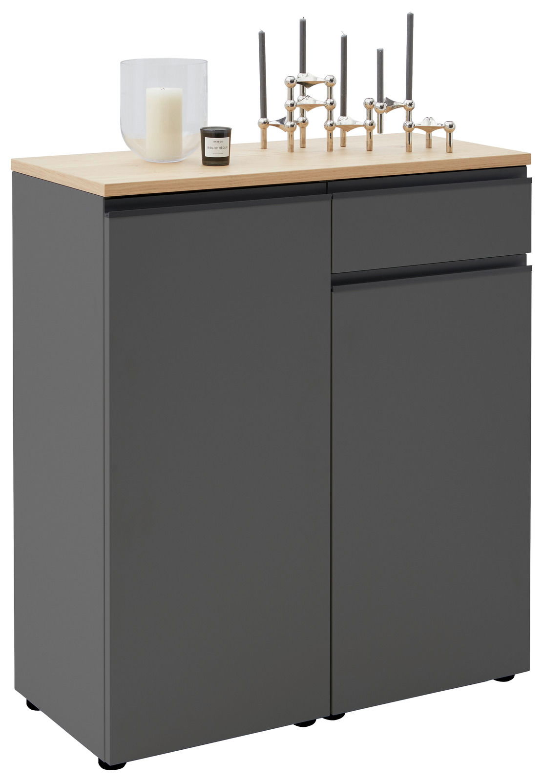 Dieter Knoll Kombi-Kommode LENDINA Moderne Kombi-Kommode in Anthrazit mit Holzplatte, dekoriert mit Kerzen und Kerzenhaltern, seitliche Perspektive