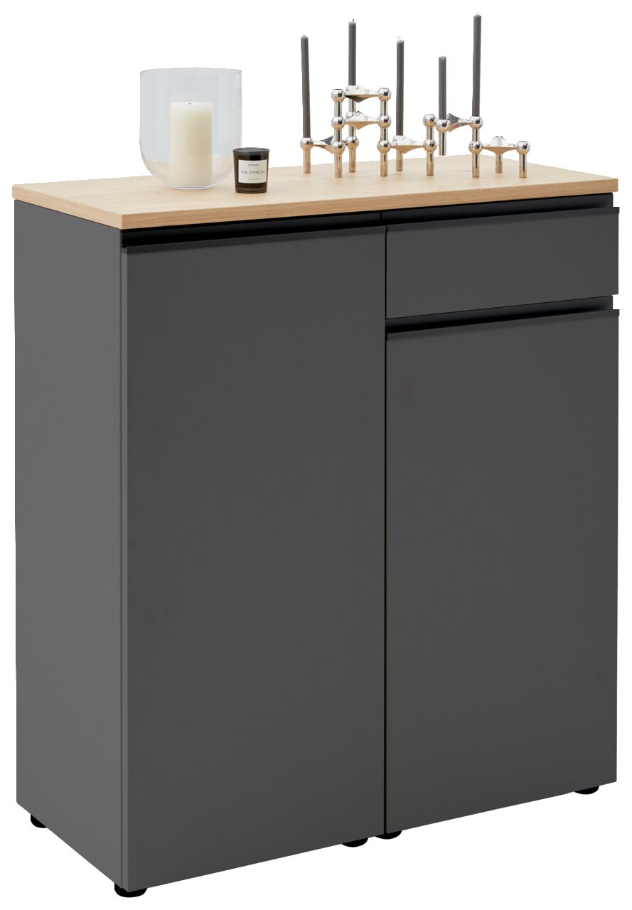 Dieter Knoll Kombi-Kommode LENDINA Moderne Kombi-Kommode in Anthrazit mit Holzplatte, dekoriert mit Kerzen und Kerzenhaltern, seitliche Perspektive