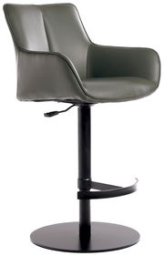 Moderner Barhocker YUKI in olivgrünem Leder mit schwarzem Metallgestell, seitliche Perspektive