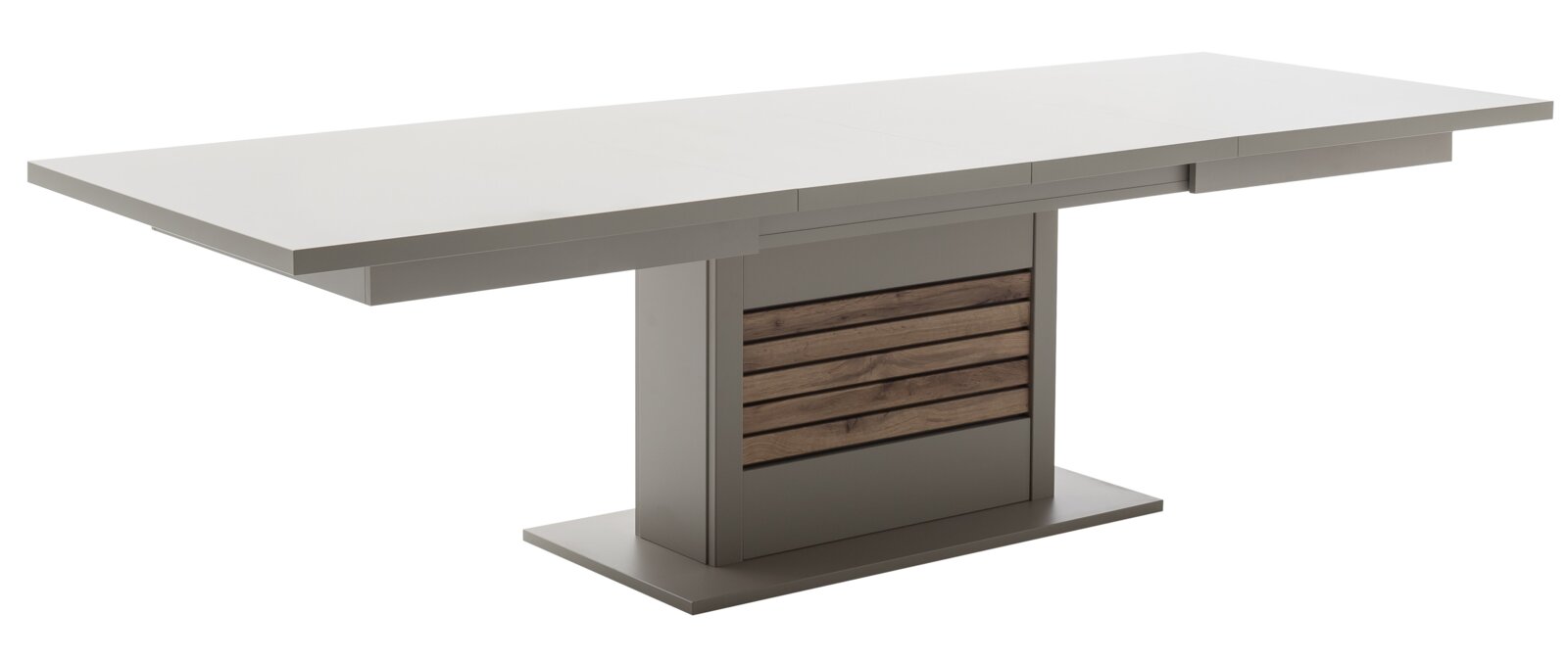Moderne eettafel met wit tafelblad en grijze voet, zijaanzicht