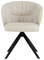 Frontansicht eines modernen Armlehnstuhls mit beigem Stoffbezug und schwarzen Metallbeinen.