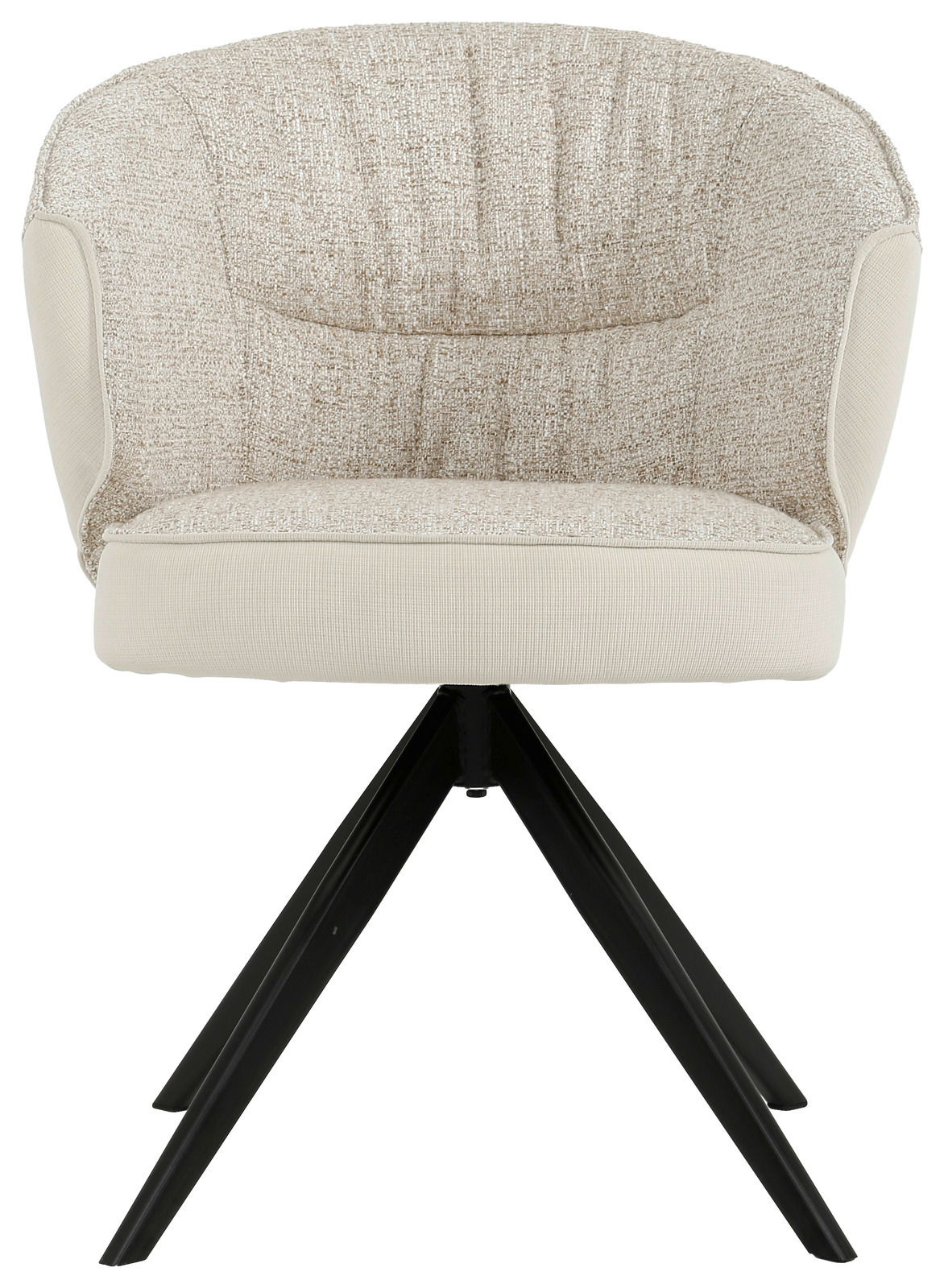 Frontansicht eines modernen Armlehnstuhls mit beigem Stoffbezug und schwarzen Metallbeinen.