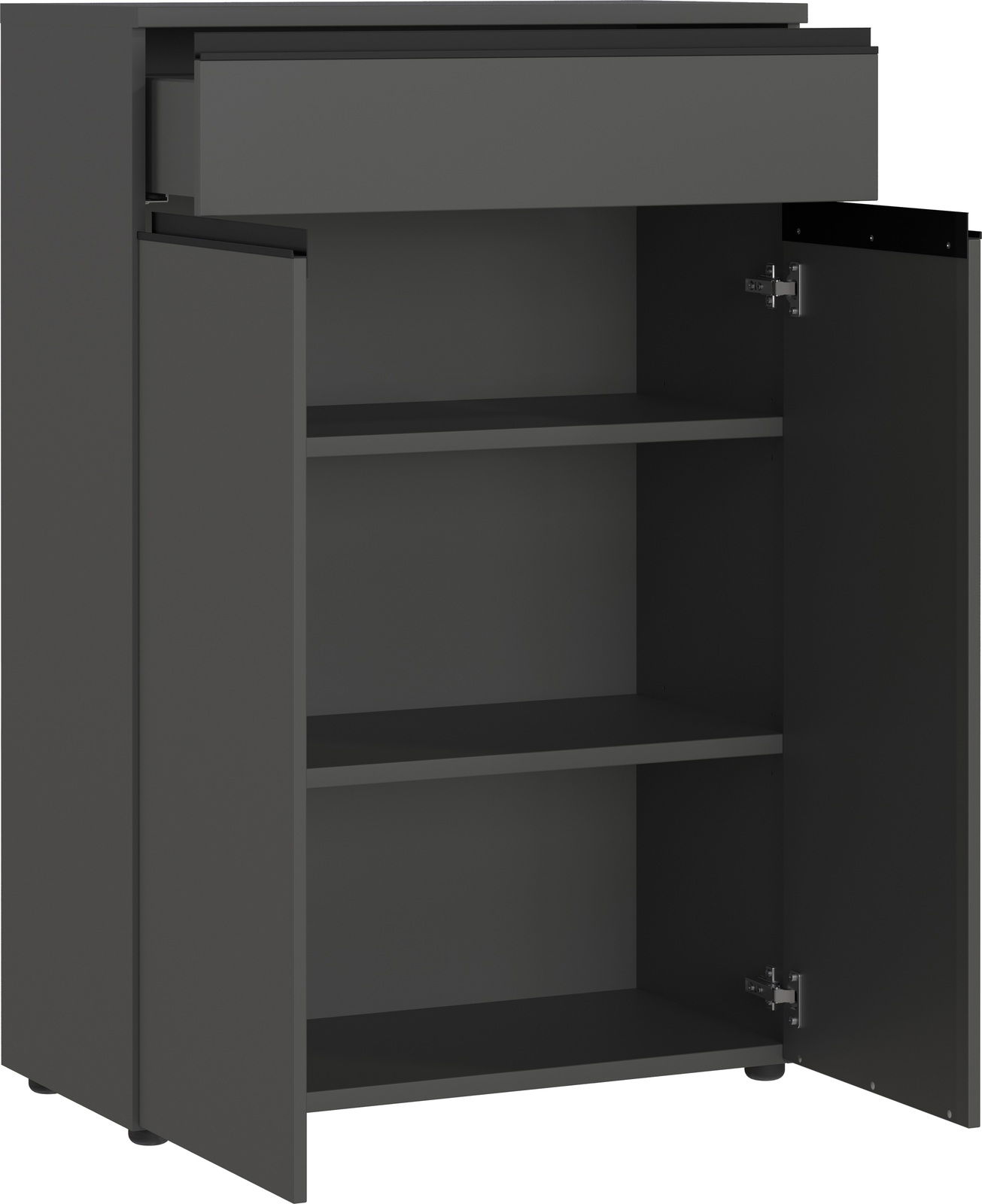 Grauer Aktenschrank mit einer Schublade und zwei offenen Türen, seitliche Perspektive