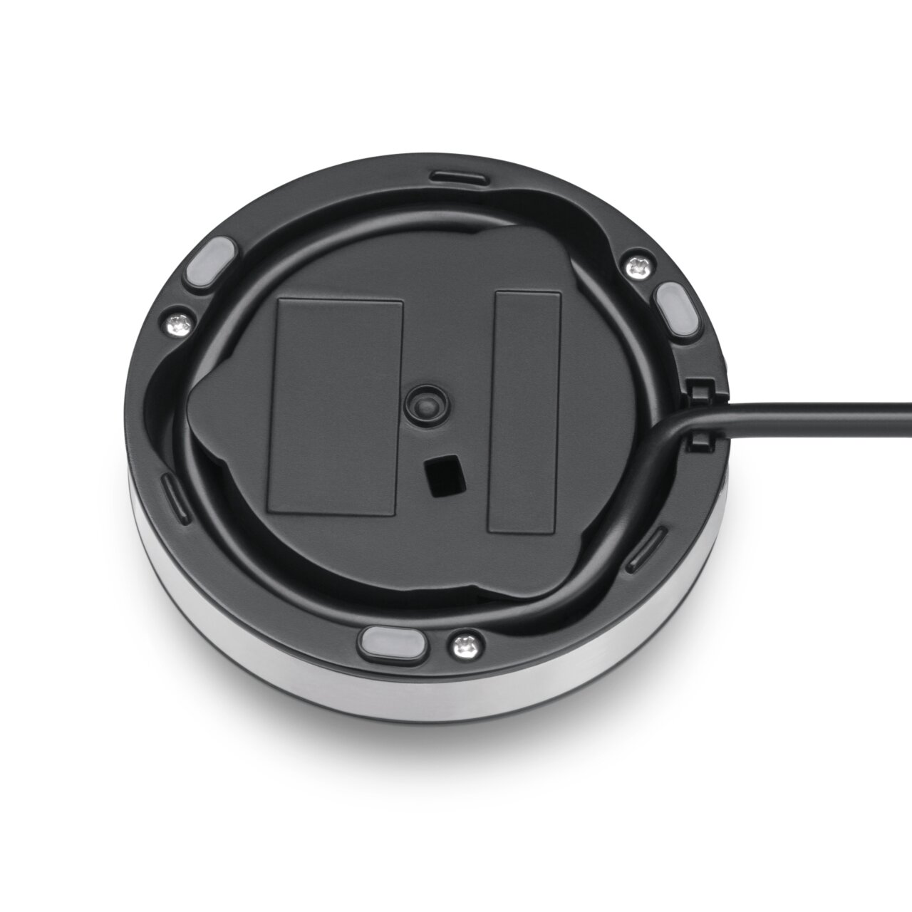 Unterseite eines Milchaufschäumers mit Kabelanschluss, aus der Vogelperspektive.