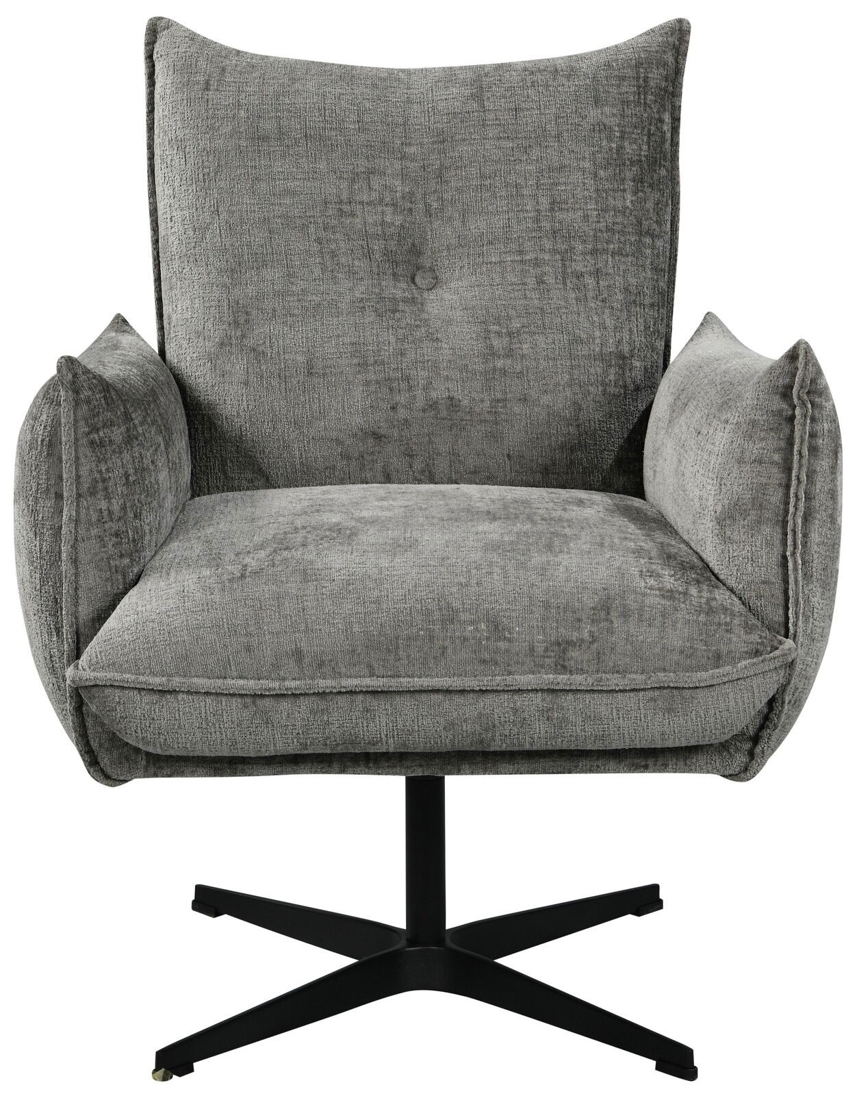 Grauer Relaxsessel mit weichem Stoffbezug und schwarzem Drehfuß, Frontalansicht