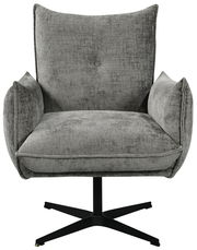 Grauer Relaxsessel mit weichem Stoffbezug und schwarzem Drehfuß, Frontalansicht
