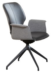 Moderner Armlehnstuhl mit schwarzem Leder und grauem Stoffbezug, seitliche Perspektive