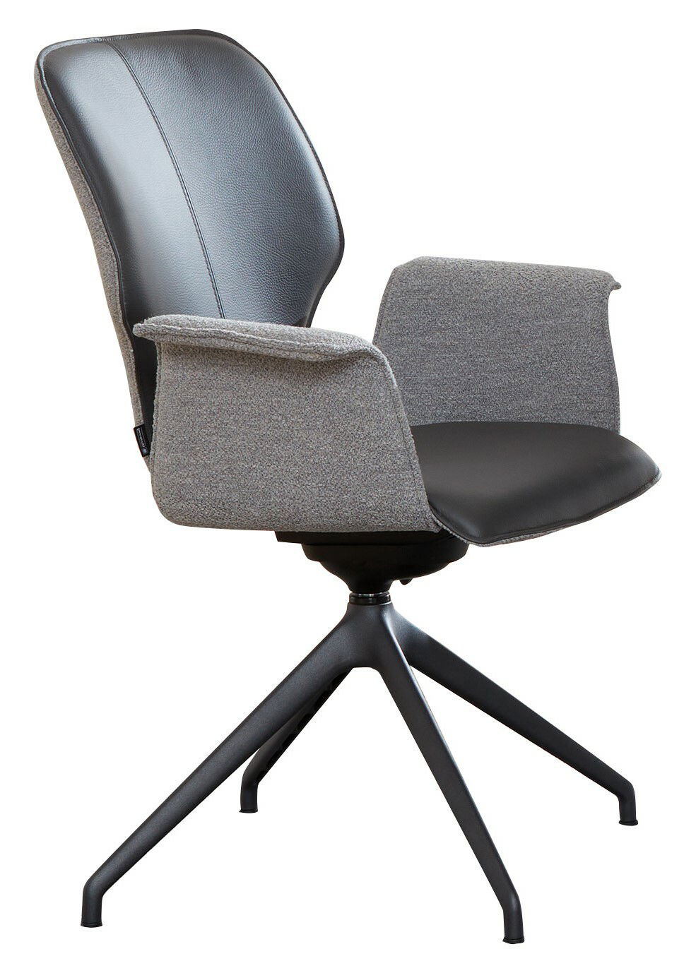 Moderner Armlehnstuhl mit schwarzem Leder und grauem Stoffbezug, seitliche Perspektive