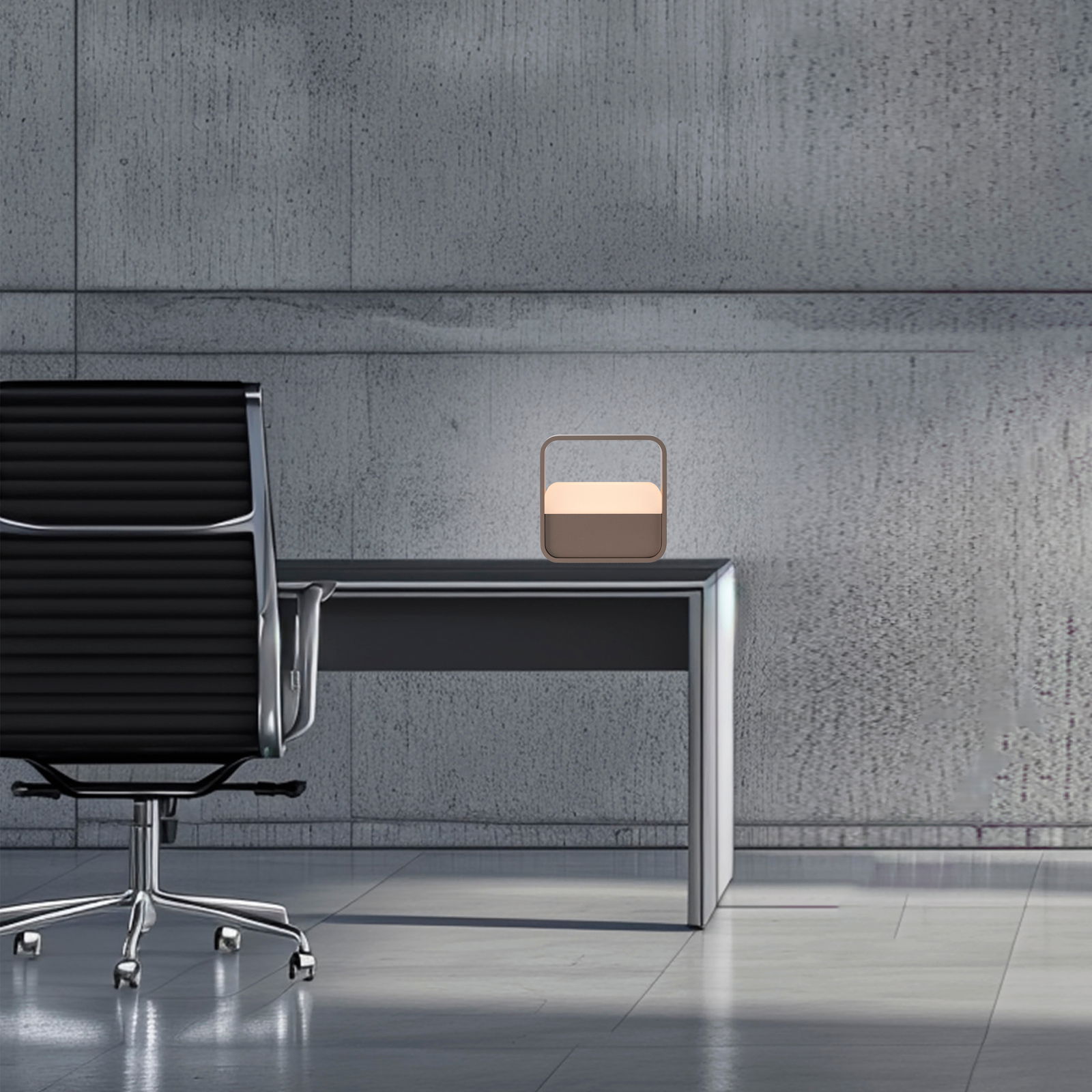 Moderne Tischleuchte PURE Go auf einem Schreibtisch in einem minimalistischen Büro, seitliche Perspektive.