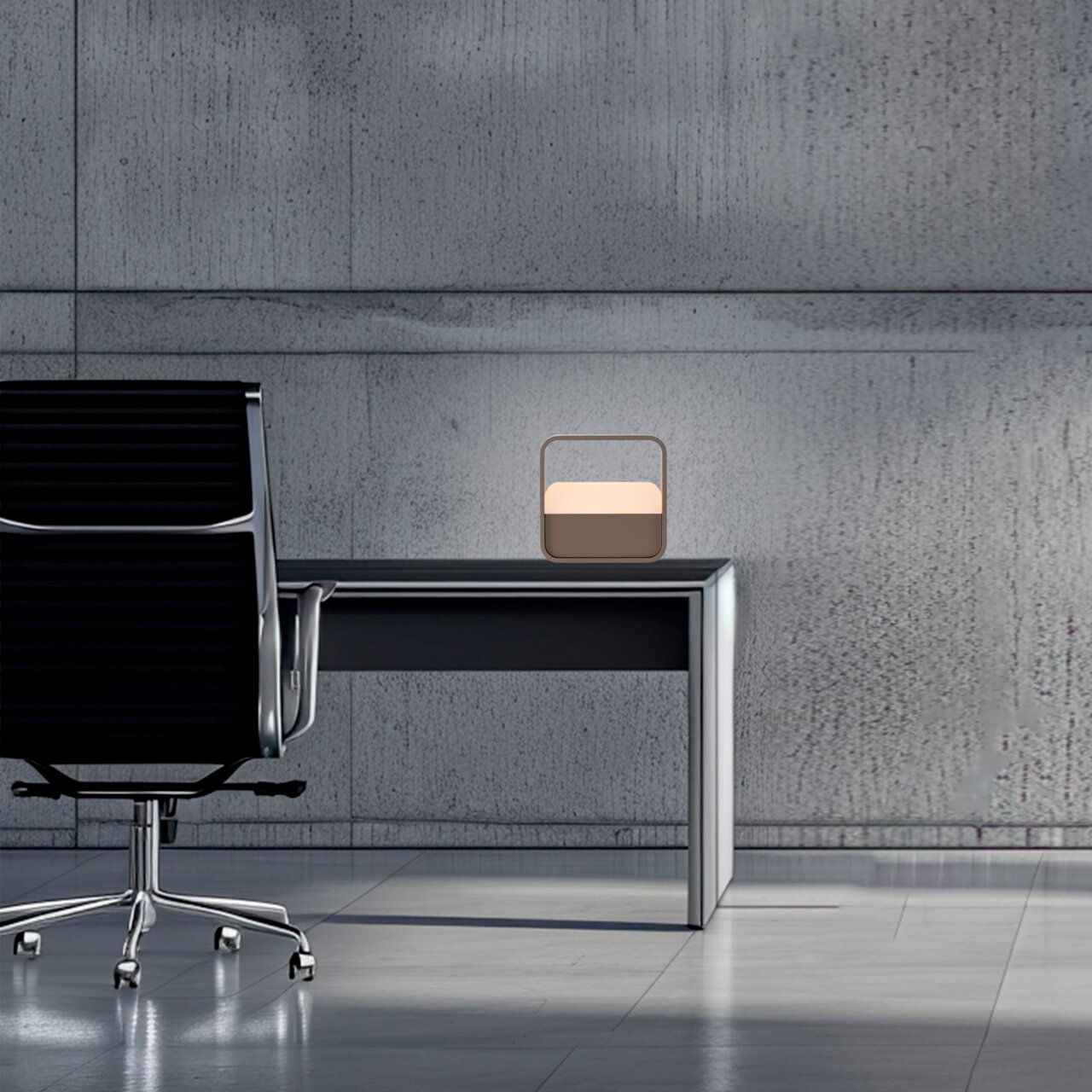 Moderne Tischleuchte PURE Go auf einem Schreibtisch in einem minimalistischen Büro, seitliche Perspektive.