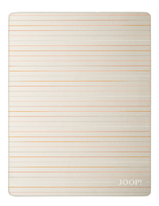 Wohndecke JOOP! Move 150/200 in Draufsicht mit feinen horizontalen Streifen in Beige- und Orangetönen.